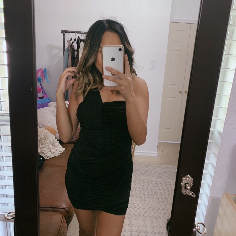 black ruched little black dress